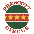 Prescott Circus logo, a green circle with a red stripe across the middle. The red stripe has yellow stars.