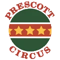 Prescott Circus logo, a green circle with a red stripe across the middle. The red stripe has yellow stars.